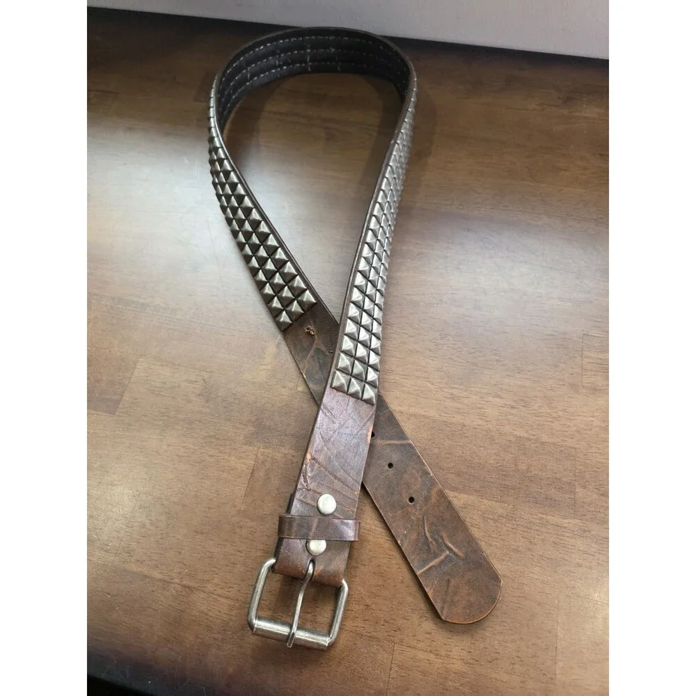 Distressed Brown Faux Leather 3-Row Silver Pyramid Studded Punk Belt
